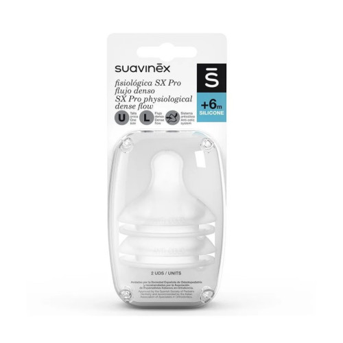 TETINA SILICONA FISIOLOGICA FLUJO DENSO SUAVINEX SX PRO + 6 MESES 2 UNIDADES